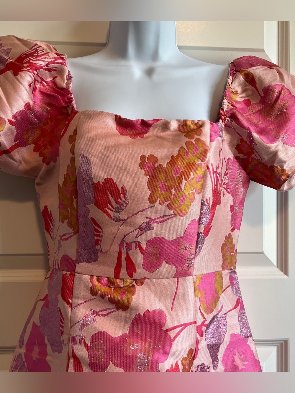 LULUS “So Stunning” Floral Jacquard Puff Sleeve Mini Dress - Picture 7 of 10